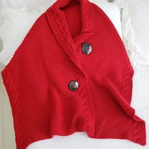 Just In Time For The HOLIDAYS! Red Cable Knit Shawl Two HUGE Buttons Darling!